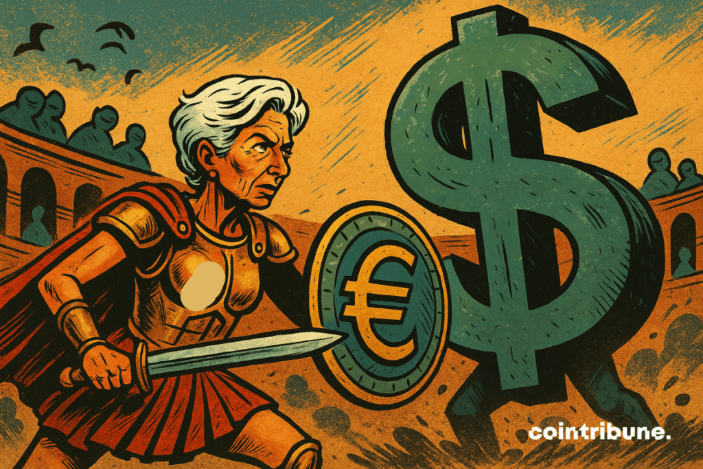 Christine Lagarde, présidente de la BCE, en armure dorée marquée du symbole €, bras levé tenant un bouclier euro face à un colosse en forme de dollar vert menaçant.