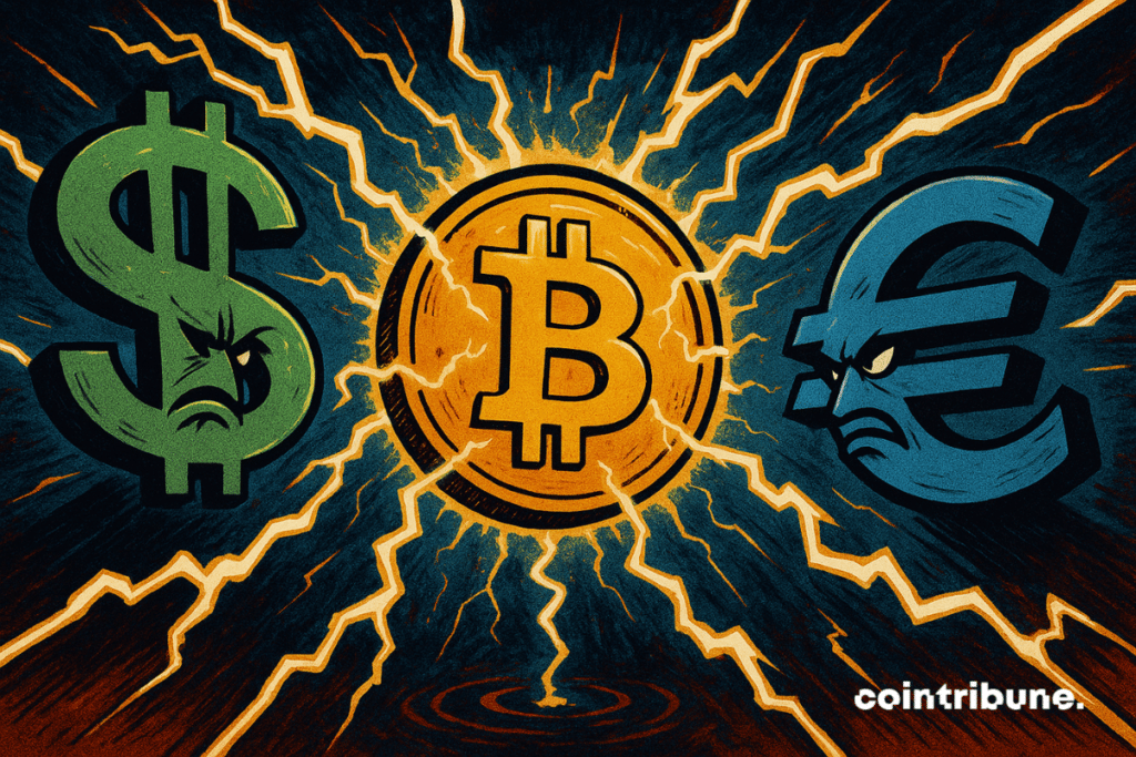 La imagen muestra una intensa confrontación entre los símbolos del dólar ($), el euro (€) y el bitcóin (₿), estilizados al estilo de los cómics de los años 70. El bitcóin, ligeramente más grande en el centro, rodeado de rayos, irradia una luz dorada dominante. El dólar a la izquierda (verde) y el euro a la derecha (azul oscuro) muestran expresiones hostiles, enfatizando la rivalidad. El fondo tormentoso y los rayos refuerzan la atmósfera de tensión monetaria.