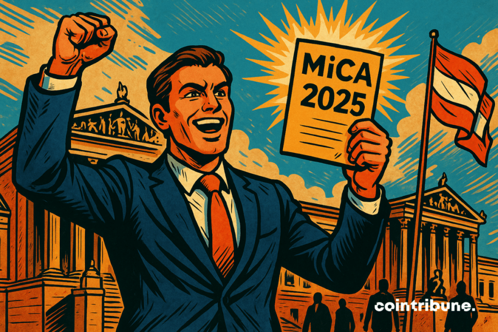 Illustration style comics 70s montrant un homme triomphant devant le Parlement de Vienne, brandissant la licence MiCA 2025 avec le drapeau autrichien en arrière-plan.