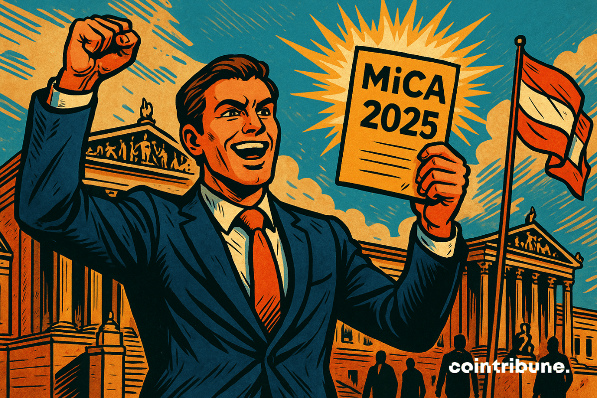 Ilustração em estilo de quadrinhos dos anos 70 mostrando um homem triunfante em frente ao Parlamento de Viena, erguendo a licença MiCA 2025 com a bandeira da Áustria ao fundo.