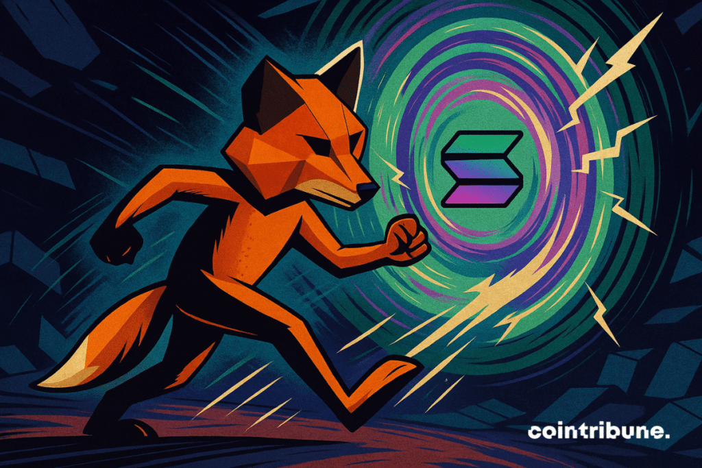 El zorro de MetaMask cruzando un portal interdimensional de Solana dentro del universo cripto.