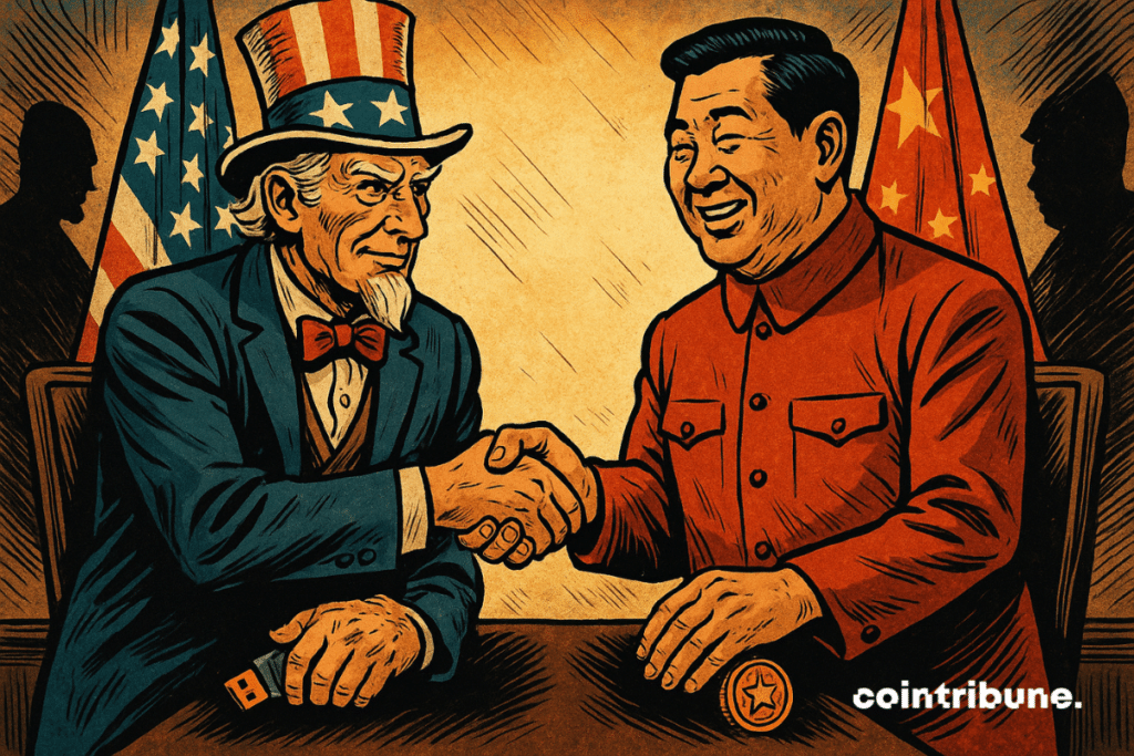 Handshake between Uncle Sam and a Chinese man, holding an object in their free hands, betraying their sincerity.
