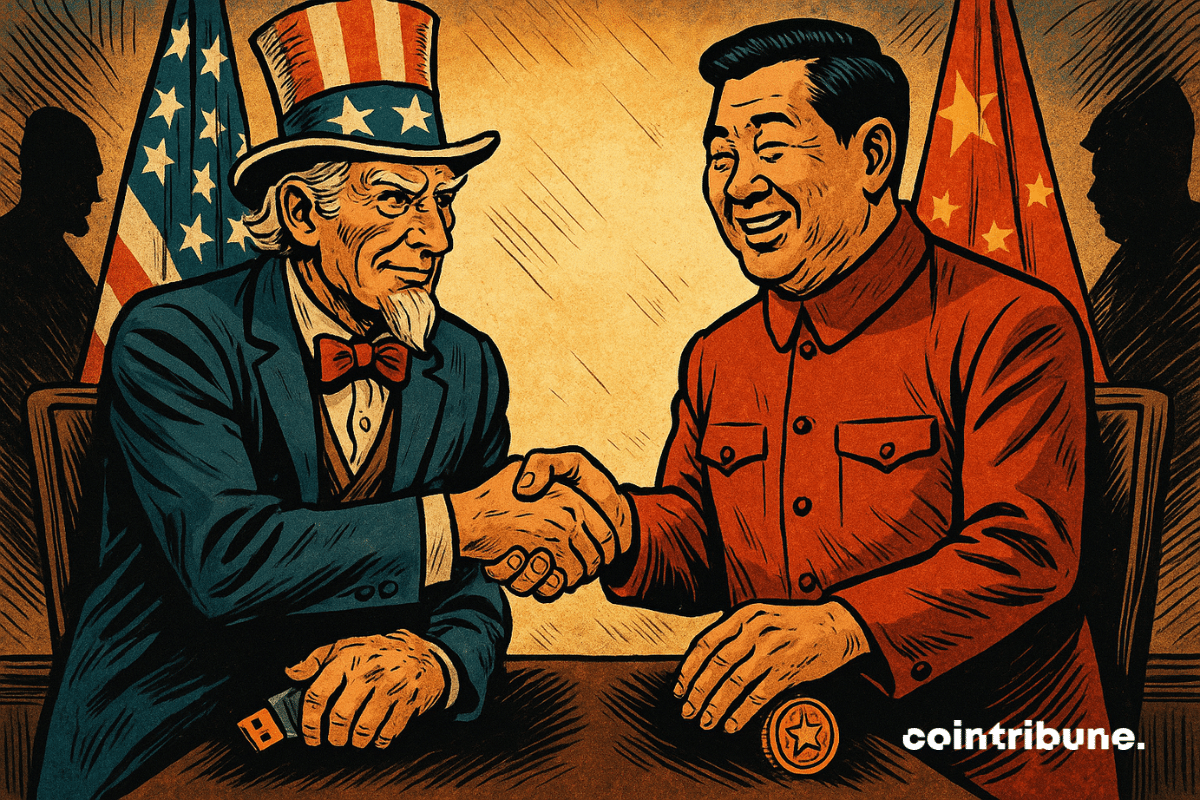 Handshake between Uncle Sam and a Chinese man, holding an object in their free hands, betraying their sincerity.
