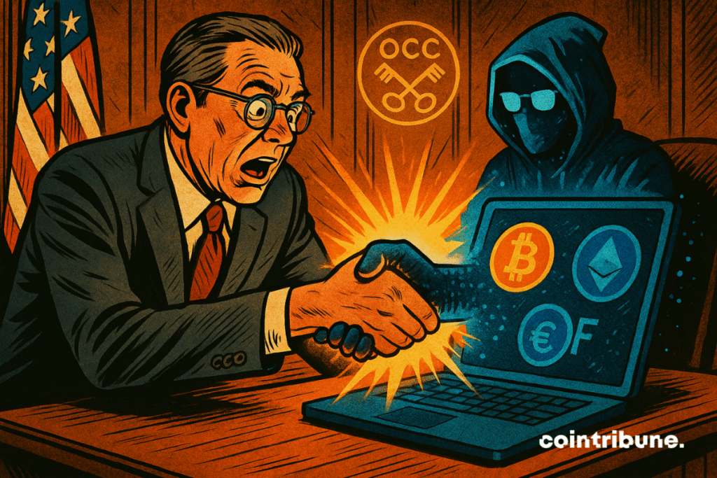 Um funcionário americano chocado aperta a mão de uma figura misteriosa encapuzada que sai de um laptop exibindo logotipos de criptomoedas como Bitcoin e Ethereum.