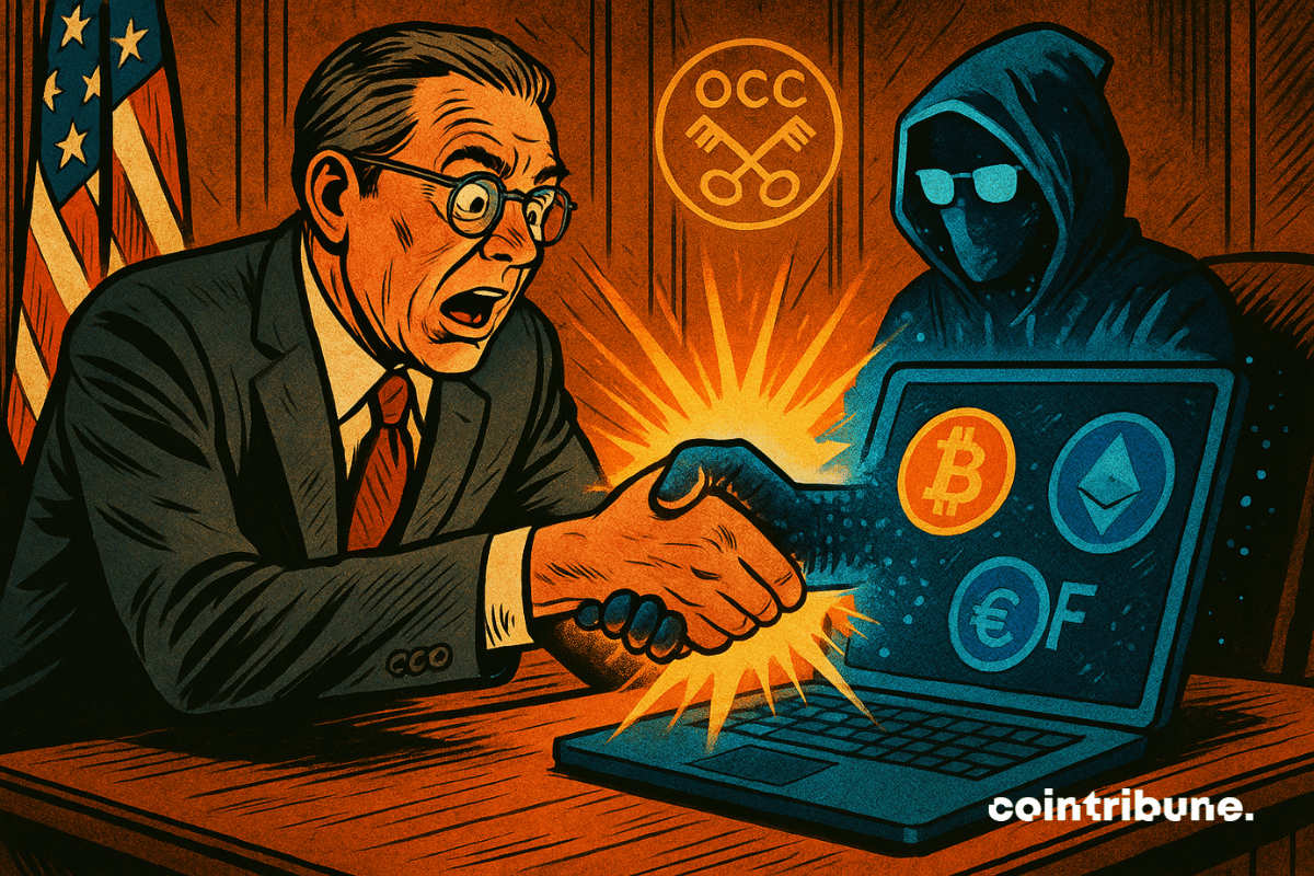 Um funcionário americano chocado aperta a mão de uma figura misteriosa encapuzada que sai de um laptop exibindo logotipos de criptomoedas como Bitcoin e Ethereum.