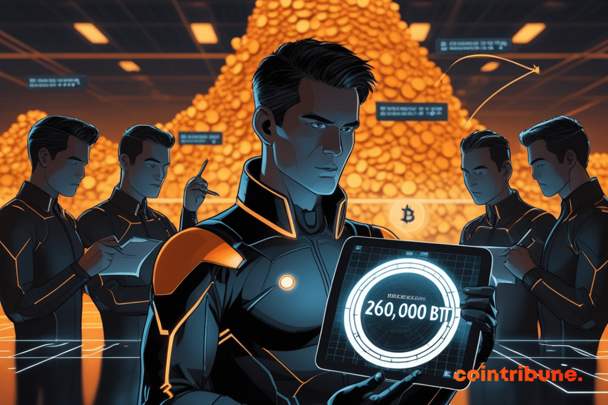 Personnages futuristes en train de visionner une tablette mettant en avant 260 000 BTC