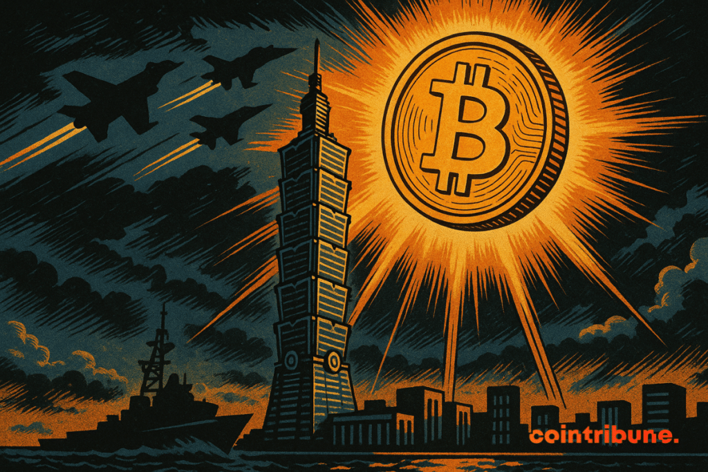 Una enorme moneda de Bitcoin brilla como un escudo solar sobre la torre Taipei 101, iluminando la ciudad mientras aviones de combate y buques de guerra se acercan bajo cielos tormentosos. Con un estilo de cómic de los años 70, la ilustración contrasta la luz protectora de Bitcoin con la oscura amenaza del embargo chino, con colores naranja y azul medianoche contrastantes que aumentan la tensión dramática.