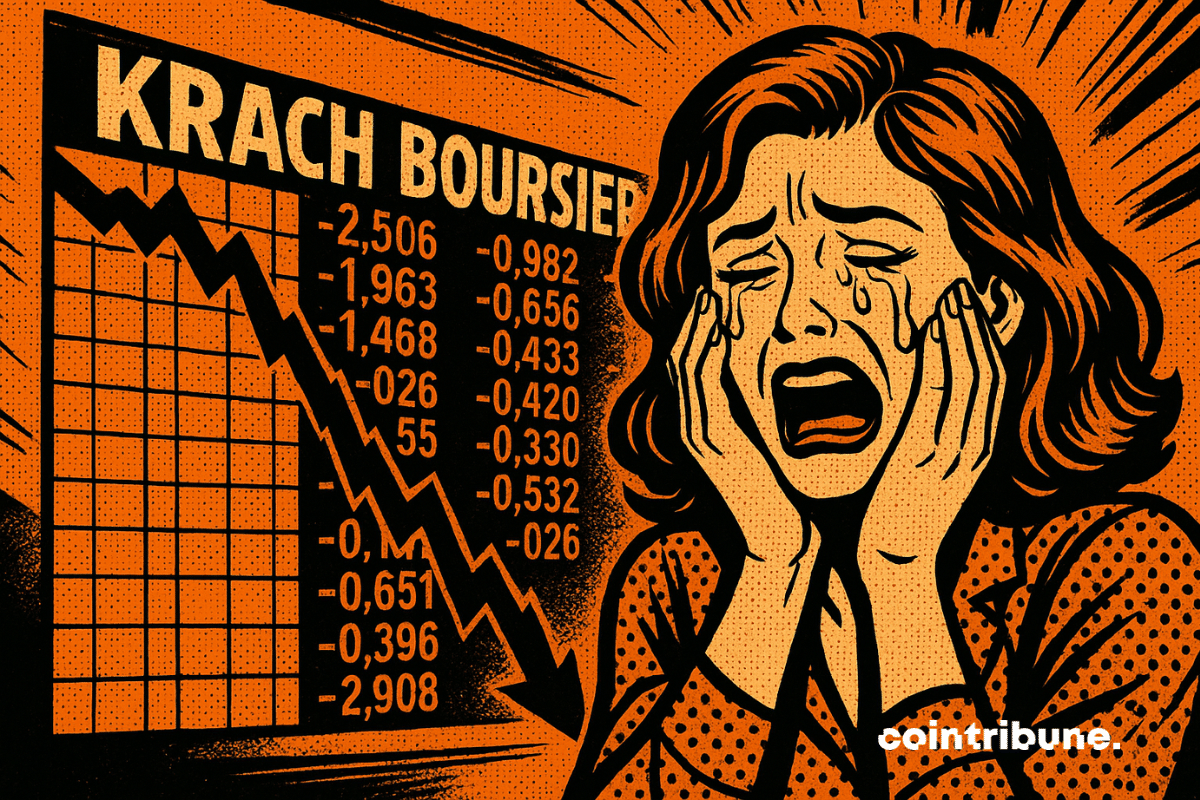 A retro comic book style illustration on an orange background showing a distressed woman crying, facing a plummeting stock chart
