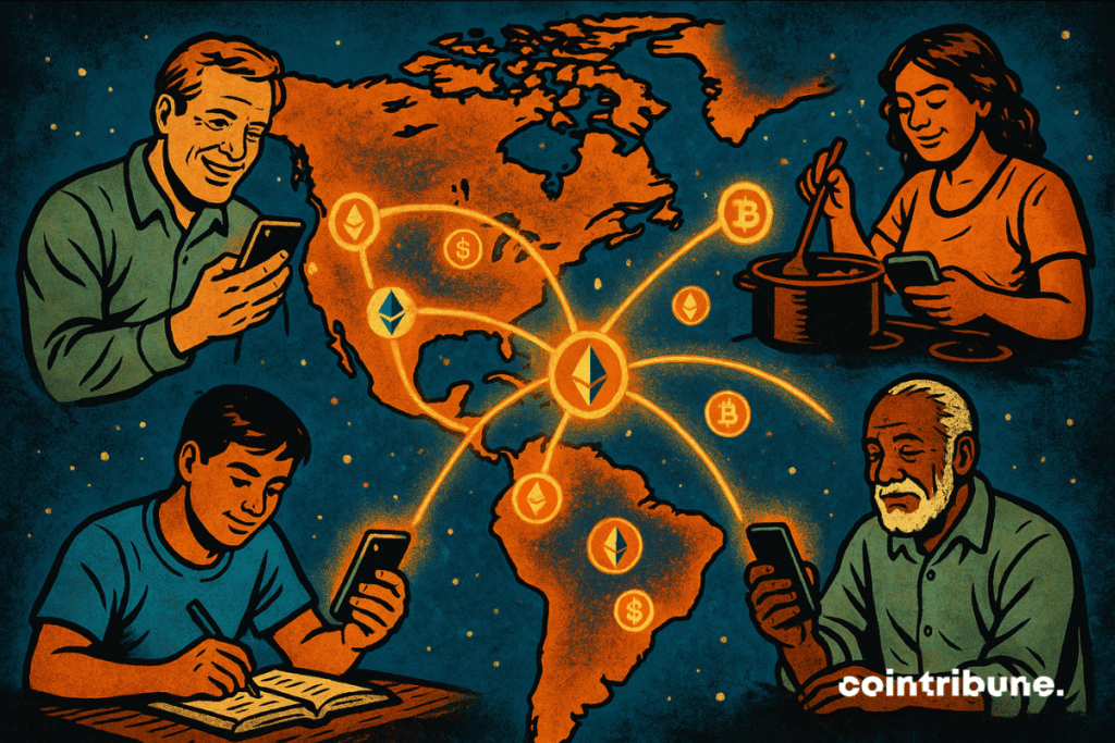 People across the Americas are using smartphones to send and receive remittances, represented by glowing icons of cryptocurrencies like Bitcoin and Ethereum, connecting countries.