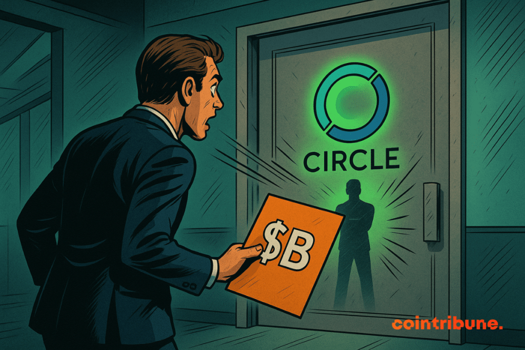 A man in a suit holds a “$B” sign and addresses a glass door displaying Circle's luminous logo, behind which stands a silhouette.