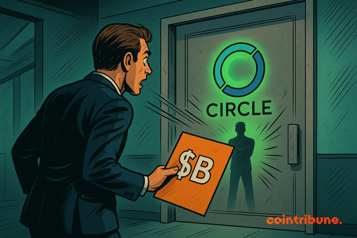 A man in a suit holds a “$B” sign and addresses a glass door displaying Circle's luminous logo, behind which stands a silhouette.