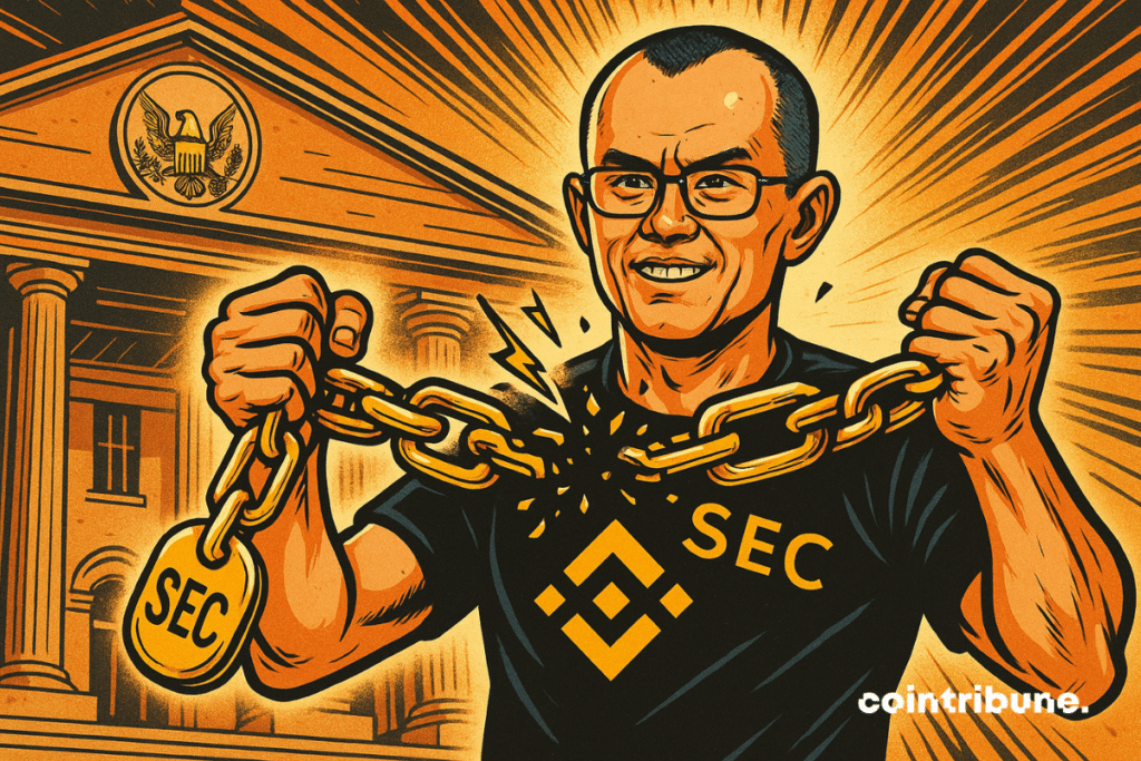 CZ, président historique de l'exchange crypto Binance, brise des chaînes dorées estampillées "SEC".