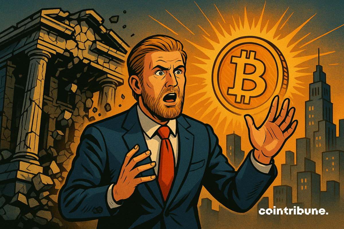 Ciudad futurista al fondo, plano medio centrado en Eric Trump, inversor en criptomonedas, de pie en las escaleras de un banco.