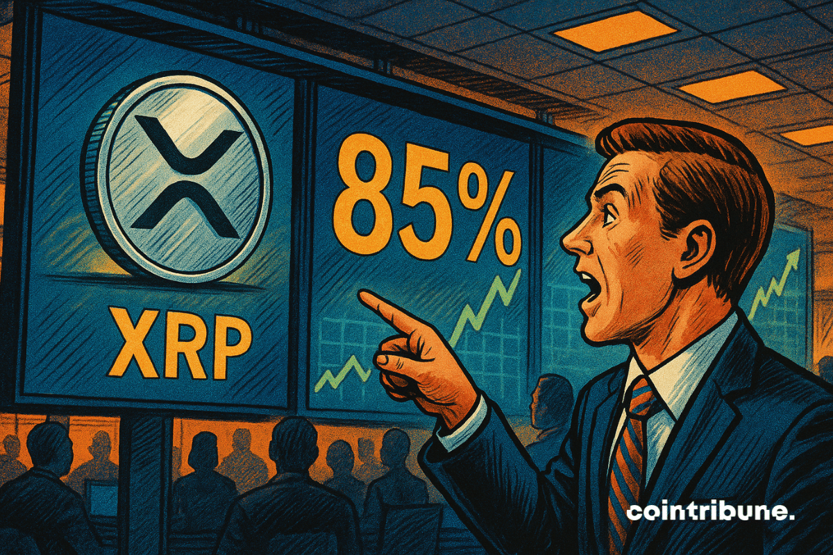 Inside a trading room, wide shot with hanging screens displaying a huge “85%”.