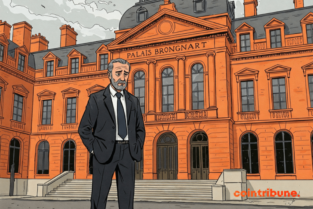 An investor standing in front of the Palais Brongniart (former Paris Stock Exchange), at the end of the day, hands in his pockets, looking at the building's entrance with a concerned expression. At his feet, a few CAC 40 stock sheets are blowing in the wind. The sky is overcast, and the atmosphere is heavy but not dramatic.
