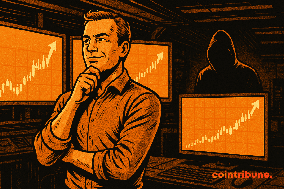 A lone crypto investor standing in front of multiple screens showing bullish charts, looking confident yet distracted, while a subtle shadow in the background (symbolizing a digital threat or scam) approaches in a high-tech setting — representing Binance’s warning.