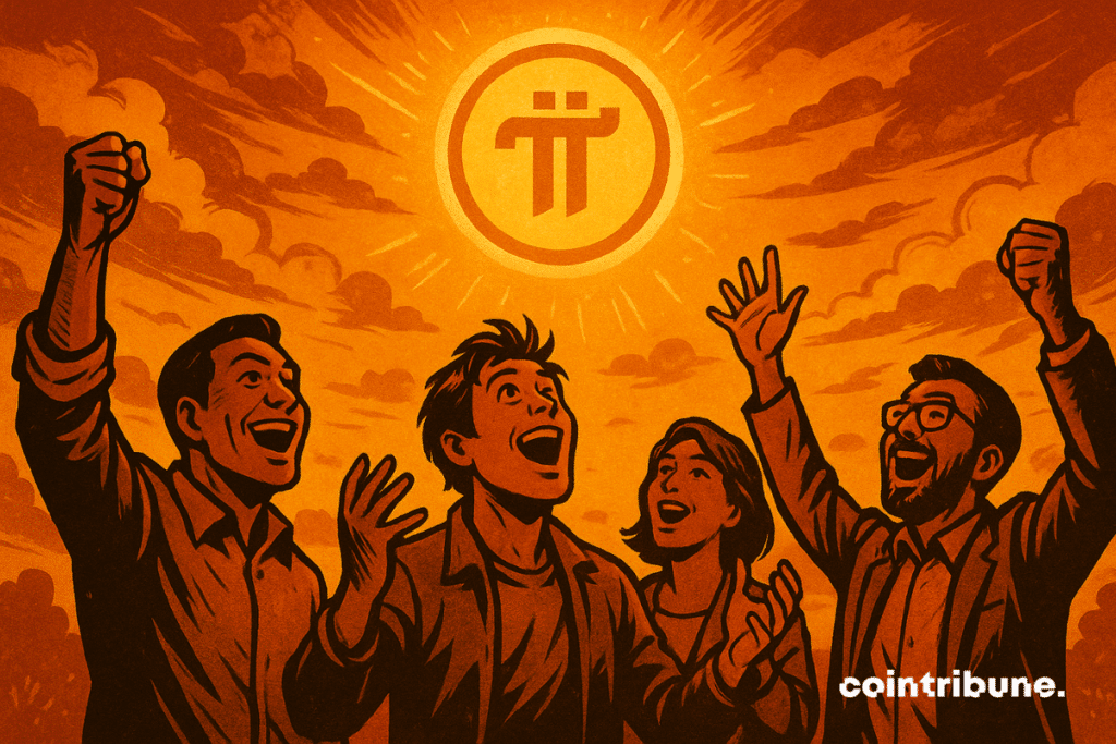Euphoric investors look up at a glowing coin of the Pi Network cryptocurrency featuring its logo.