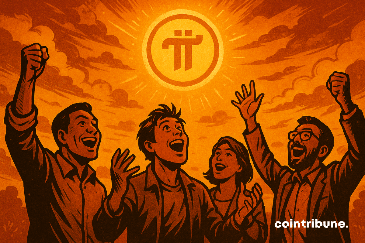 Euphoric investors look up at a glowing coin of the Pi Network cryptocurrency featuring its logo.
