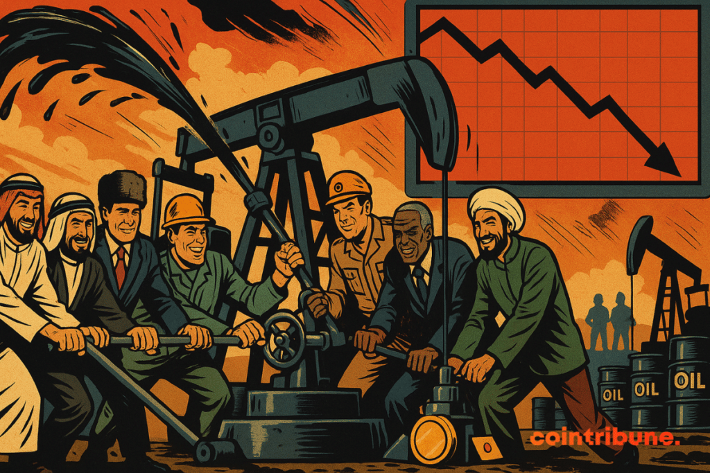 Huit figures représentant symboliquement 8 pays de l’OPEP+. Certains tirent un levier, d’autres tournent une vanne ou enfoncent un bouton, pour faire jaillir du pétrole.