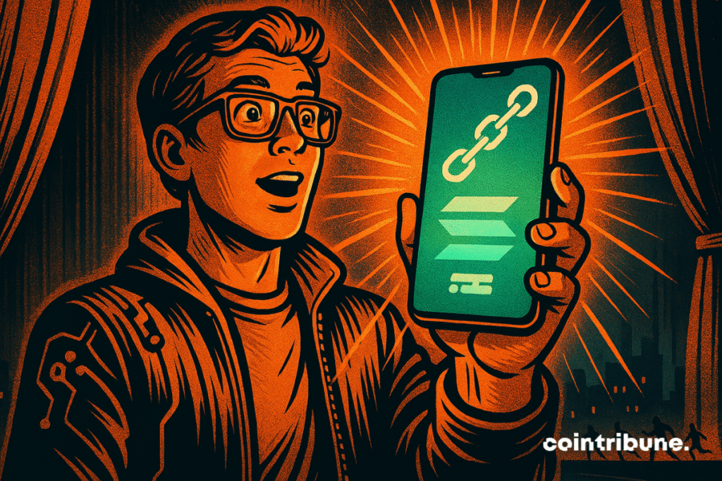 Jovem segurando um smartphone com o logotipo de Solana em uma mão