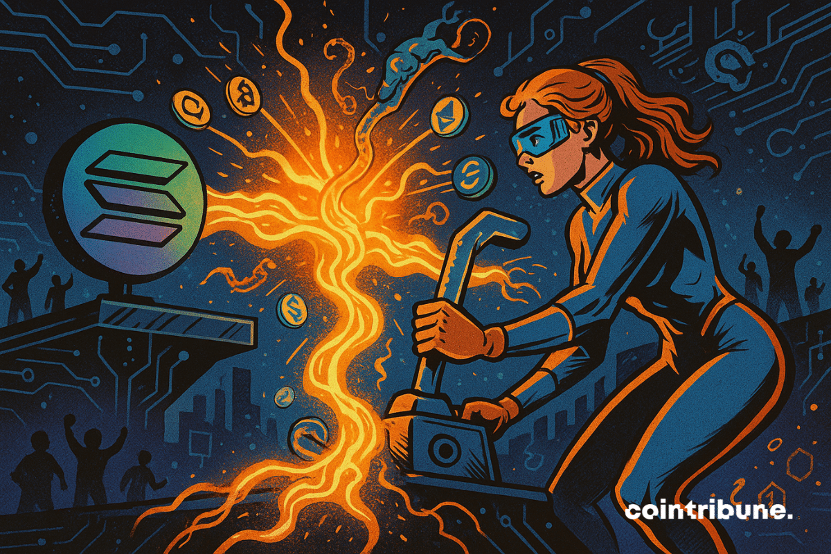 Uma engenheira criptofuturista aciona uma alavanca embutida em um console flutuante. Ela está levemente inclinada para frente, concentrada, com uma expressão intensa: é ela quem aciona a interconexão entre Solana e Chainlink.