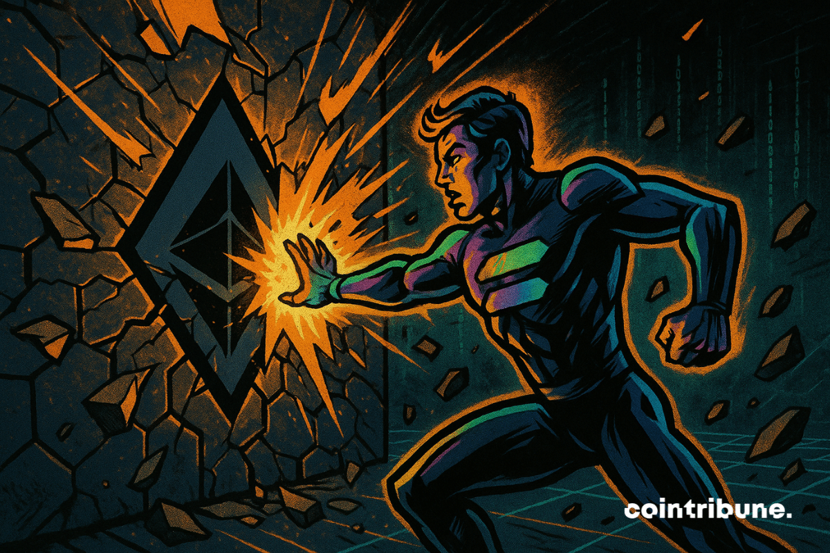 Solana is personified by a heroic figure, half-human and half-digital, dressed in futuristic attire.