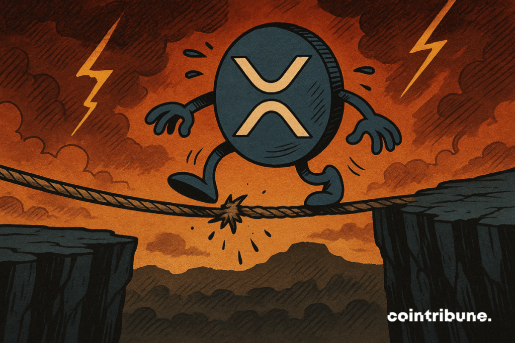 A criptomoeda XRP paira sobre um abismo financeiro, simbolizando o colapso do staking.