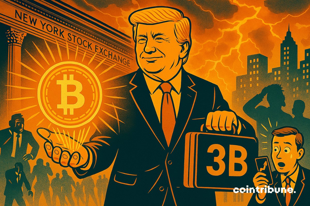 Trump walking the streets of Wall Street with a  billion briefcase and a Bitcoin hologram