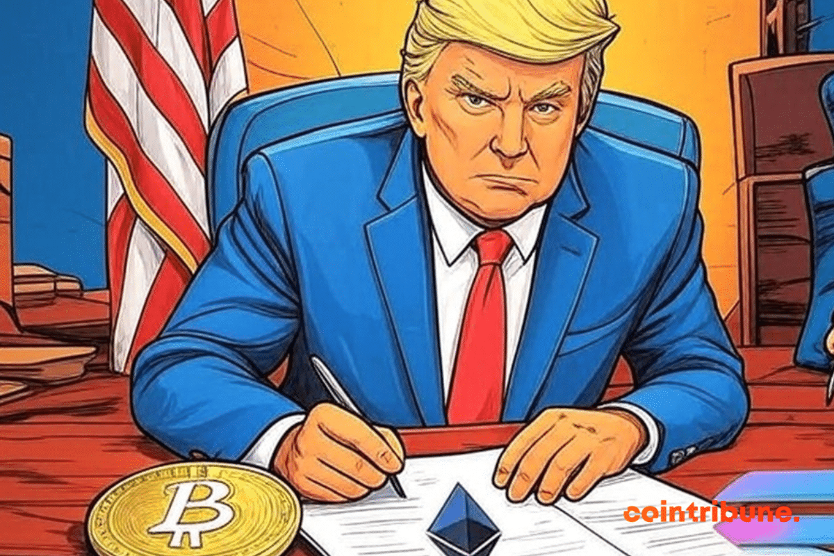 Donald Trump sentado em sua mesa se preparando para assinar um documento criptográfico