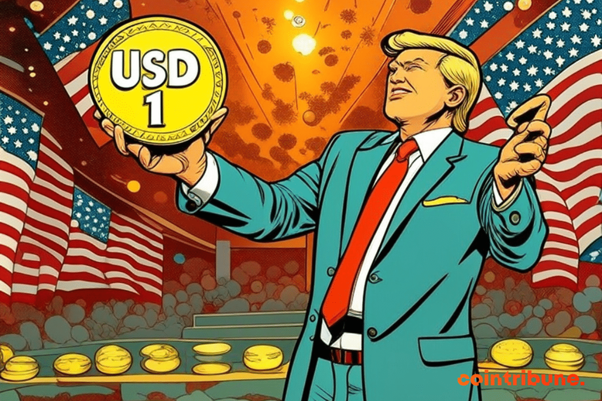 Donald Trump holding a USD1 coin on a podium