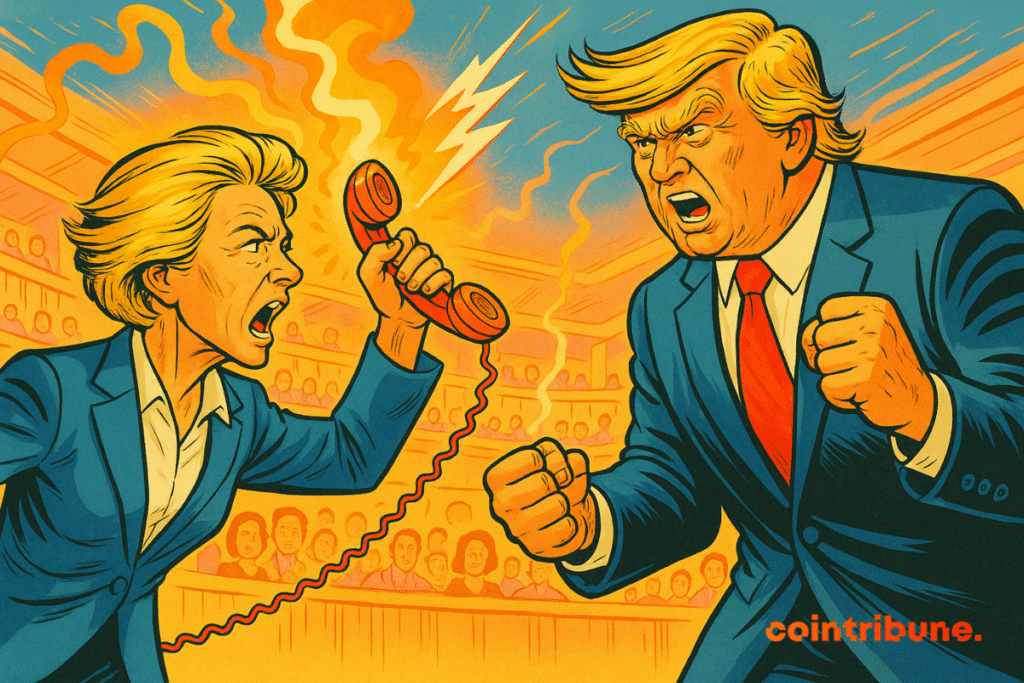 En una arena, Ursula von der Leyen, auricular en una mano, discutiendo con Donald Trump