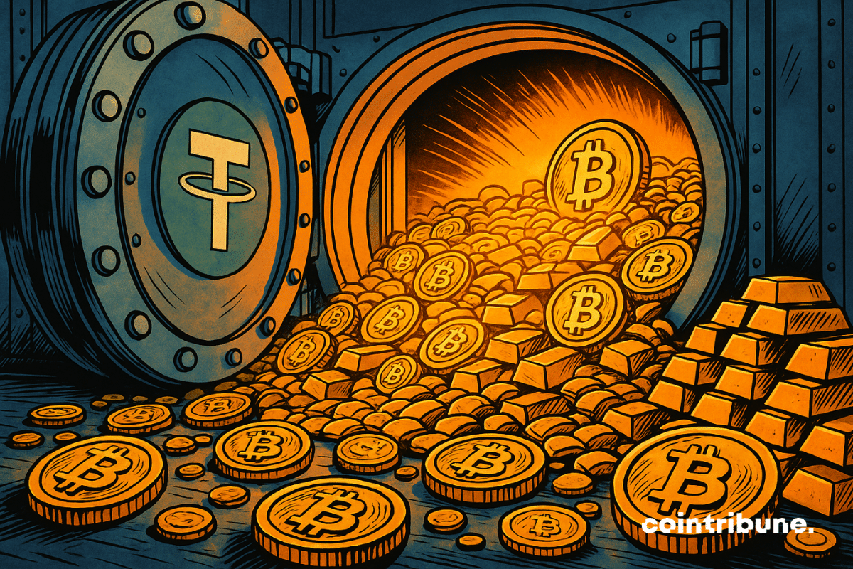 A gigantic vault opens, revealing an ocean of Bitcoins and gold bars symbolizing Tether’s wealth.