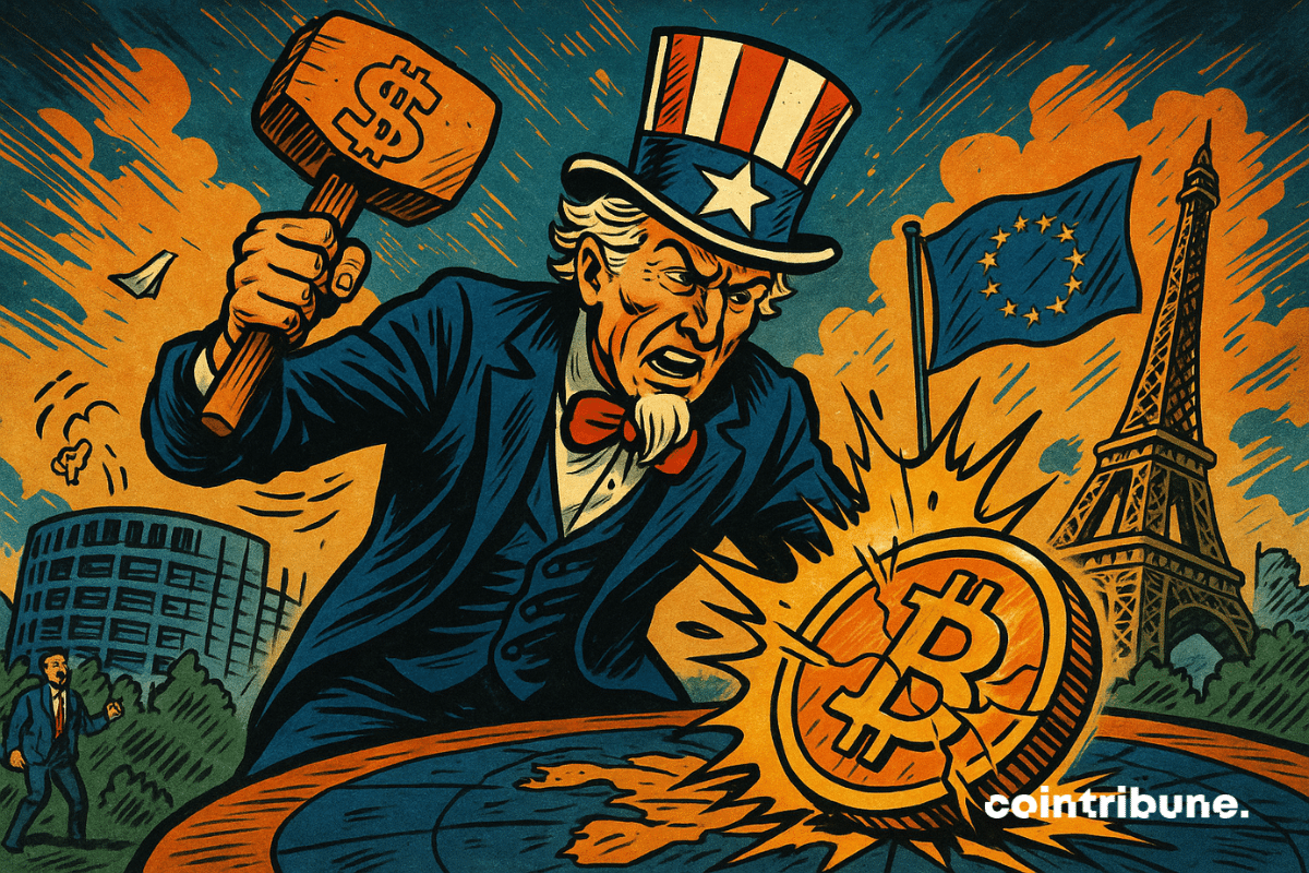 A symbolic figure representing Trump's USA (Uncle Sam) striking a massive Bitcoin coin, while European buildings tremble in the background.