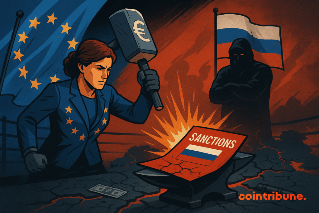 A strong female figure, wearing a deep blue costume adorned with 12 gold stars on her left shoulder. She wears a glove of justice on her right hand, holding a massive gavel engraved with the symbol "€".