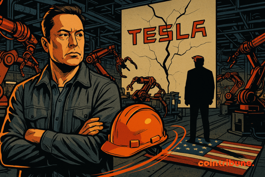 Elon Musk da la espalda a Donald Trump en una fábrica con el logo de Tesla agrietado