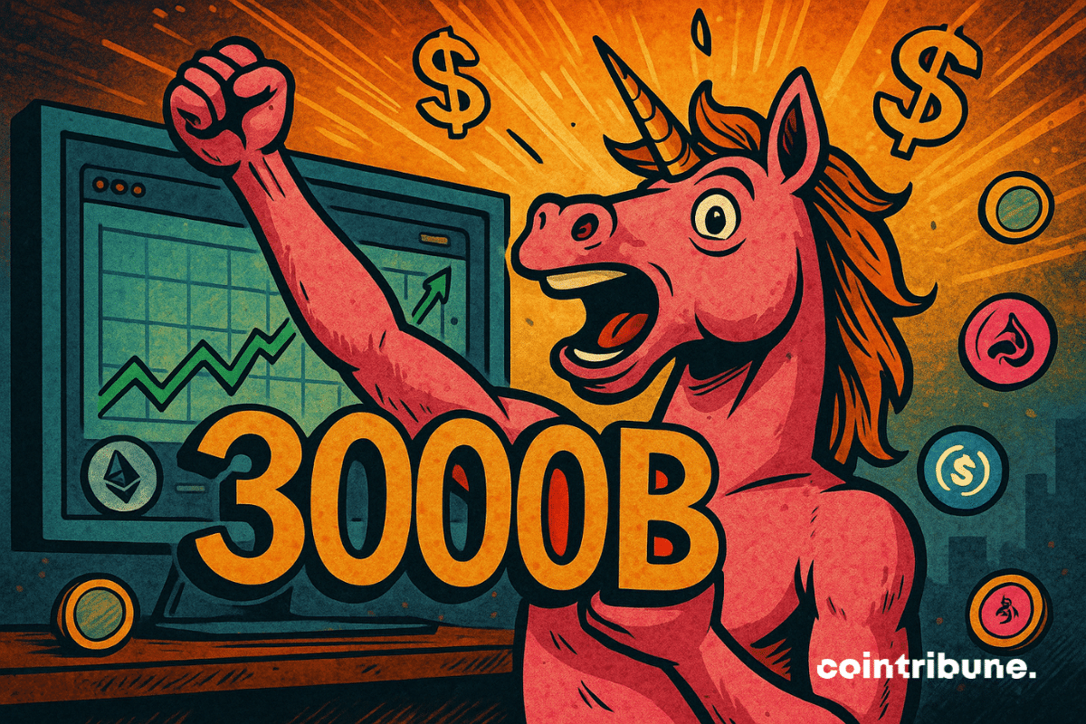 Illustration of an anthropomorphic unicorn raising its fist in victory in front of a crypto trading screen displaying an upward trending chart.