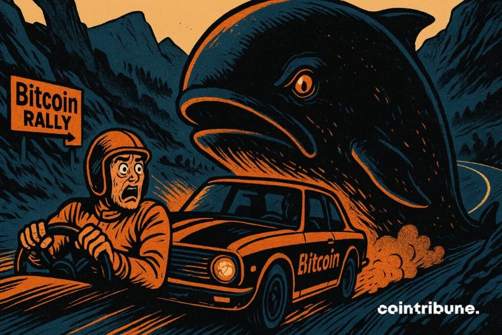 Uma enorme e assustadora baleia de bitcoin que está impedindo que o rali do BTC continue. Um piloto de rali assustado em primeiro plano.