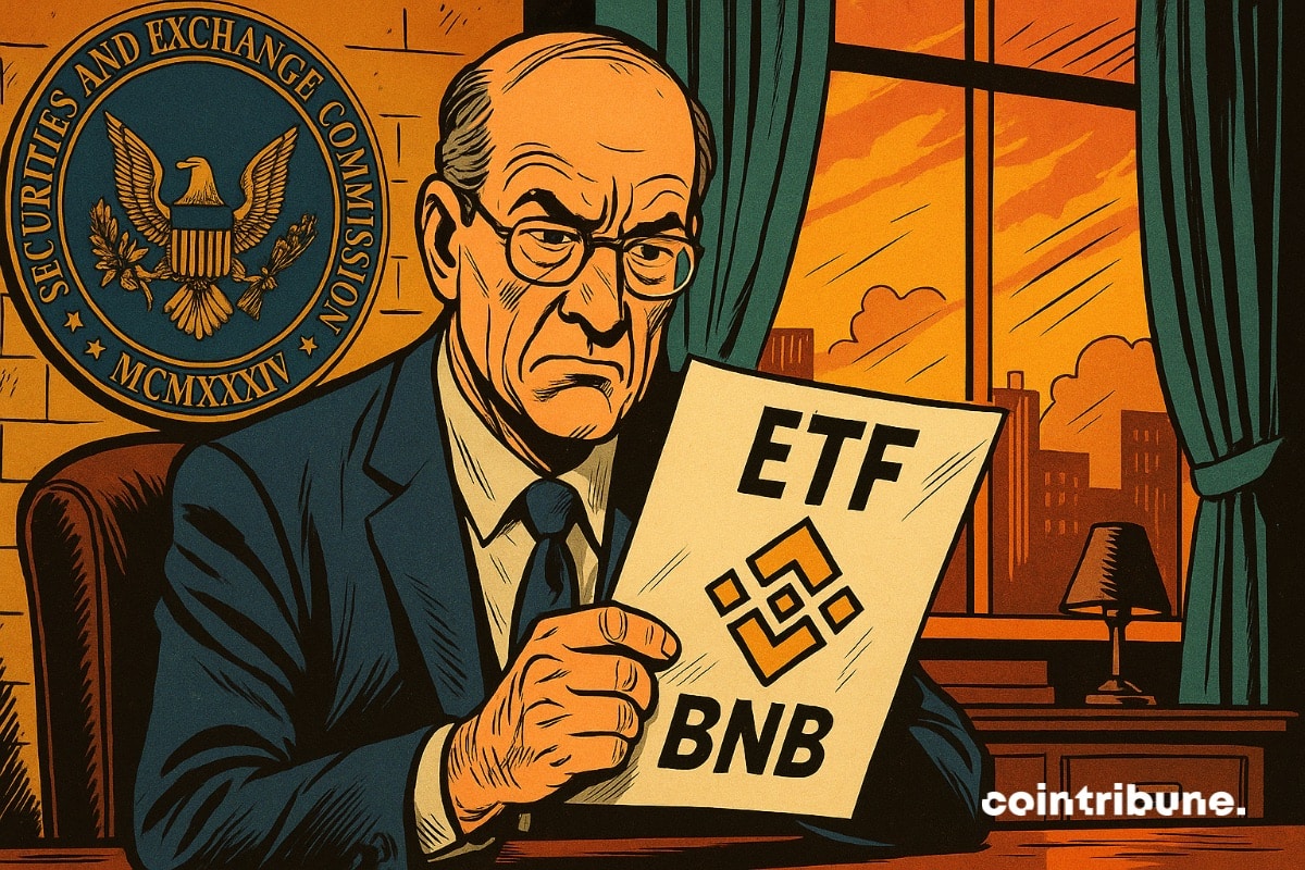 An SEC official holding VanEck's filing form for a BNB ETF.