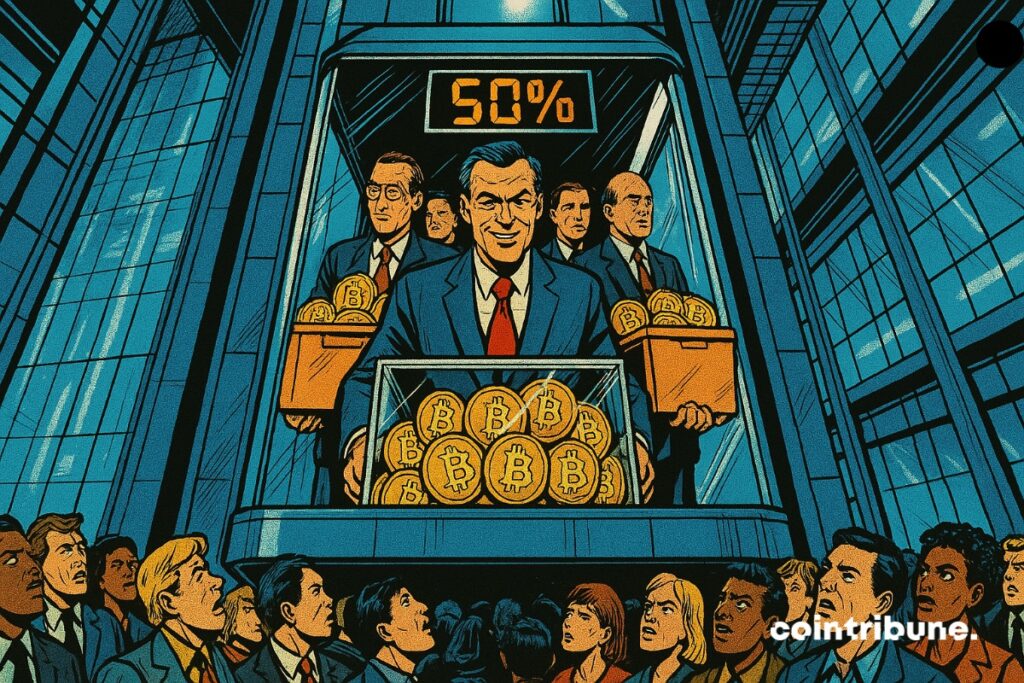 Alguns representantes de empresas seguram caixas cheias de bitcoins. Outros investidores observam consternados.