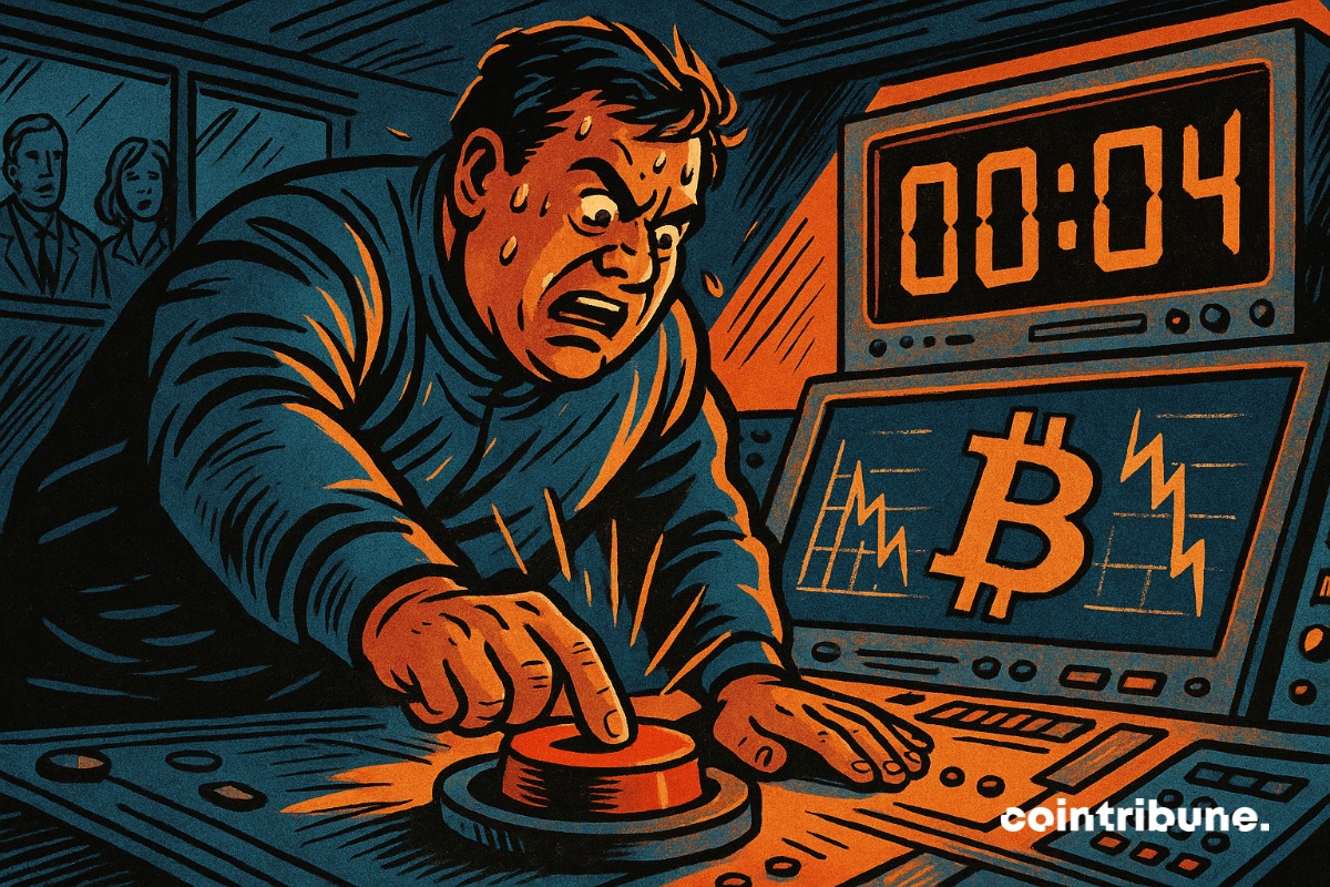 Un inversor de bitcoin bajo estrés, listo para tomar una decisión difícil sobre BTC.