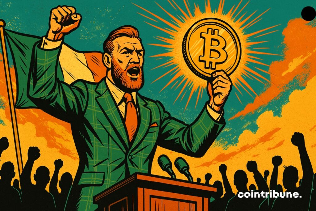 Conor McGregor fazendo campanha para presidente na Irlanda, segurando uma grande quantia de bitcoin.