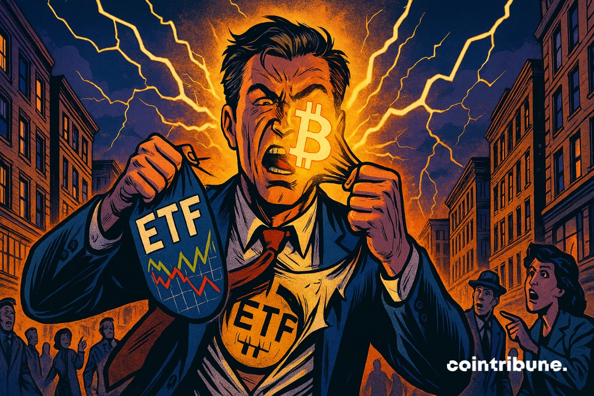 Um investidor arrancando uma máscara para revelar Bitcoin, com dados de ETF em mãos. Ele está perturbado.
