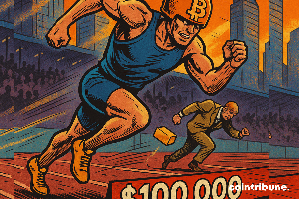 Un atleta humanoide con un casco dorado con el logotipo de Bitcoin esprinta explosivamente hacia una línea de meta marcada con «100.000».