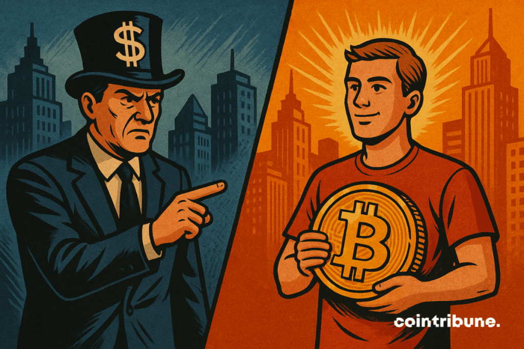 Un comerciante institucional con traje de entrega financiera señala a un despreocupado Saylor, con su moneda Bitcoin en la mano