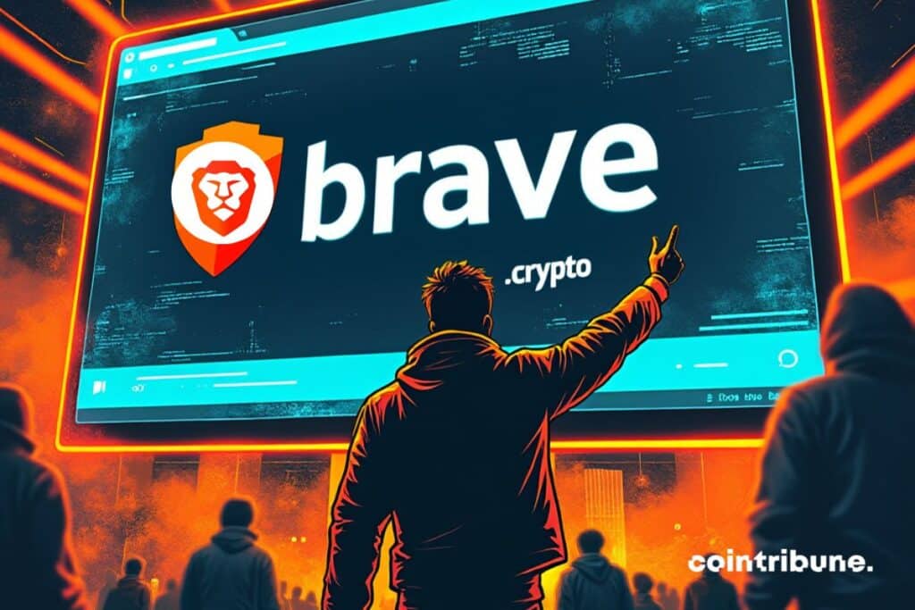 Un usuario de Brave que apunta a una pantalla muestra el Brave Crypto Browser.