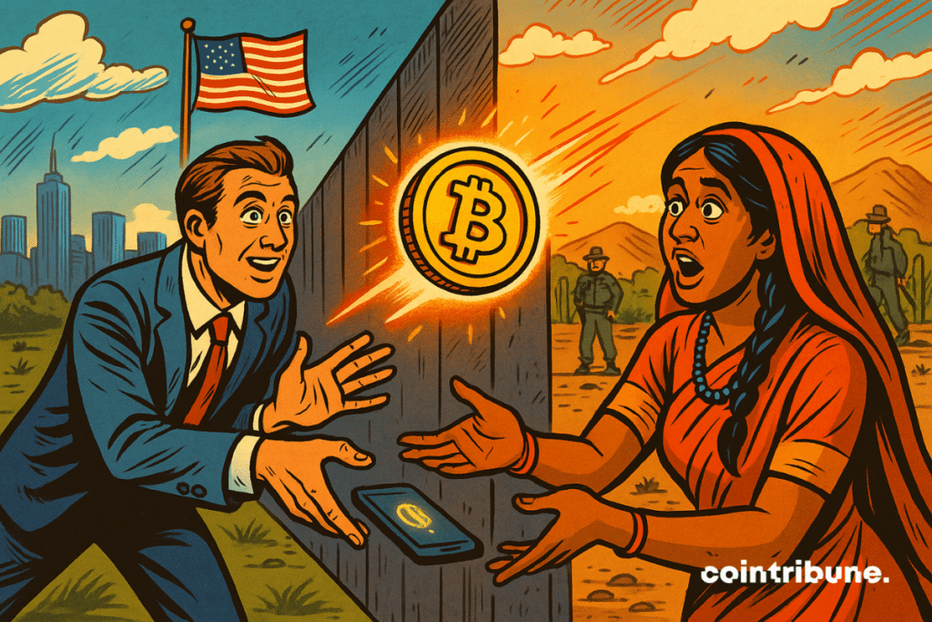 A man in a suit sends BTC crypto through a border wall to a woman in traditional clothing