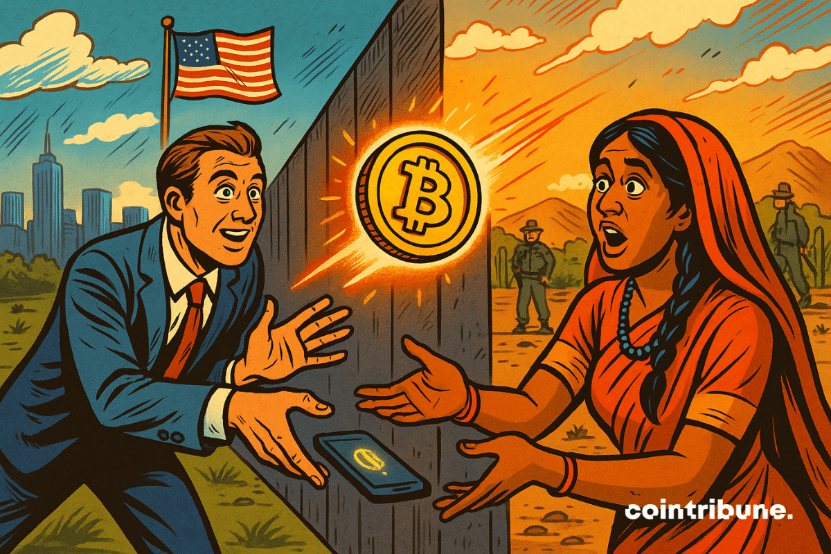 A man in a suit sends BTC crypto through a border wall to a woman in traditional clothing