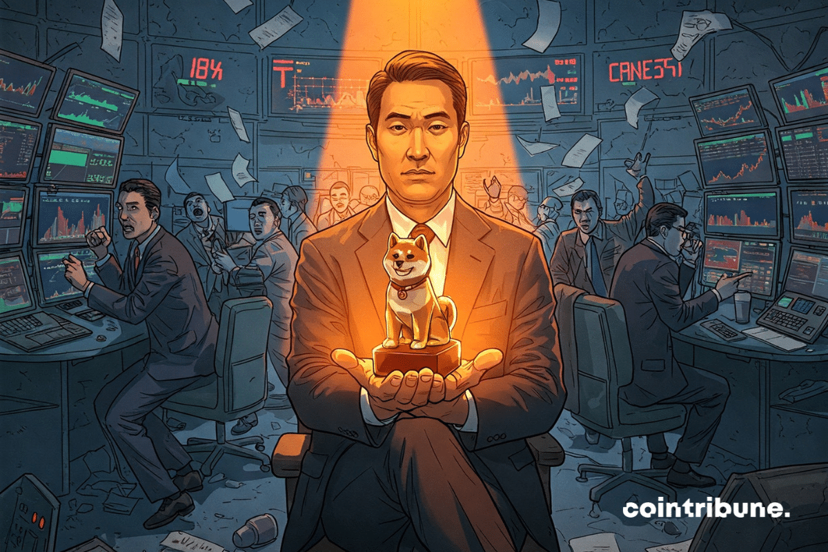 Uma sala de negociação caótica com um investidor de criptografia confiante segurando uma estatueta de Shiba