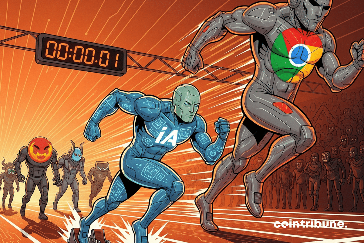 AI android ready to sprint, dominating Chrome in a futuristic race