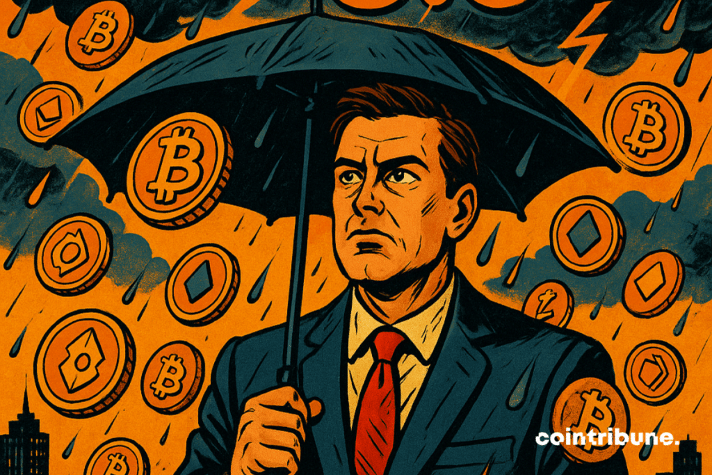 Plan rapproché sur un investisseur en costume, expression perplexe, mais déterminée, tenant un parapluie, debout dans une "pluie" de symboles crypto